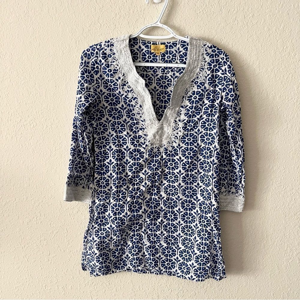 Roberta Roller Rabbit Kurta Tunic Top Blue White Print Embroidered Size XS
